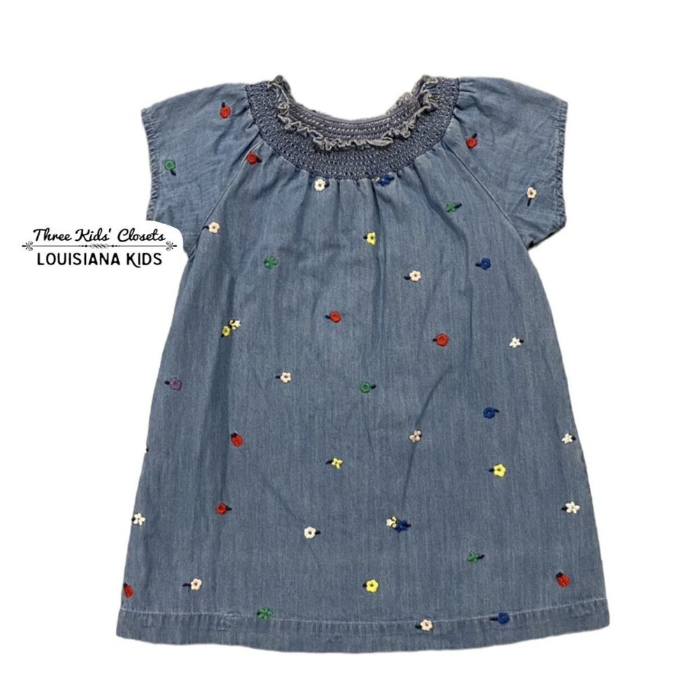 Hanna Andersson Sz 90 (3) Chambray Floral Embroidered Dress
